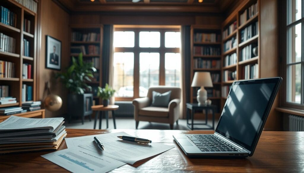A serene, well-appointed office setting with warm, natural lighting filtering through large windows. In the foreground, a wooden desk displaying financial documents, a laptop, and a pen resting atop a calculator. In the middle ground, a comfortable armchair and a side table with a potted plant, creating a contemplative atmosphere. The background features bookshelves filled with financial guides and retirement planning resources, conveying a sense of expertise and preparation. The overall mood is one of thoughtful, focused financial planning for a secure retirement. A serene, well-appointed office setting with warm, natural lighting filtering through large windows. In the foreground, a wooden desk displaying financial documents, a laptop, and a pen resting atop a calculator. In the middle ground, a comfortable armchair and a side table with a potted plant, creating a contemplative atmosphere. The background features bookshelves filled with financial guides and retirement planning resources, conveying a sense of expertise and preparation. The overall mood is one of thoughtful, focused financial planning for a secure retirement.