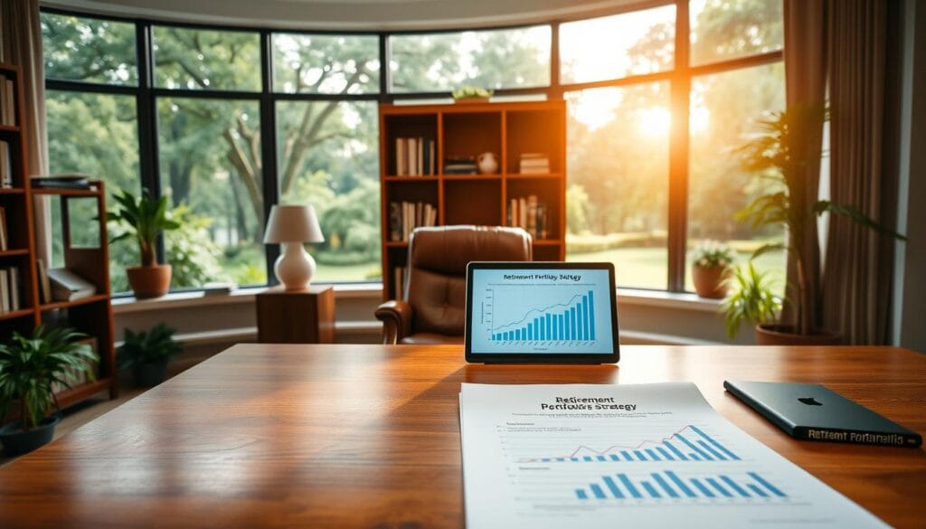 A serene, well-lit office setting with a large wooden desk in the foreground, showcasing a retirement portfolio strategy document and a laptop displaying financial charts. In the middle ground, a comfortable leather chair and a bookshelf with financial publications. The background features a panoramic window overlooking a lush, tranquil garden, with warm, natural lighting filtering through. The overall atmosphere conveys a sense of thoughtful contemplation and financial security for a senior investor.