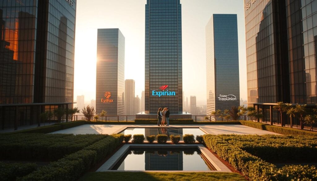 A sleek, modern office building with three distinct towers representing the three major credit bureaus: Experian, Equifax, and TransUnion. The towers stand tall and proud, their glass facades gleaming in the warm, afternoon sunlight. In the foreground, a clean, minimalist landscape with neatly trimmed hedges and a tranquil water feature that reflects the bureaus' logos. The middle ground features a small gathering of people, representing consumers, discussing their credit reports and scores. The background is a cityscape, hinting at the widespread impact and importance of these credit reporting agencies. The scene conveys a sense of professionalism, authority, and the interconnected nature of the credit industry. A sleek, modern office building with three distinct towers representing the three major credit bureaus: Experian, Equifax, and TransUnion. The towers stand tall and proud, their glass facades gleaming in the warm, afternoon sunlight. In the foreground, a clean, minimalist landscape with neatly trimmed hedges and a tranquil water feature that reflects the bureaus' logos. The middle ground features a small gathering of people, representing consumers, discussing their credit reports and scores. The background is a cityscape, hinting at the widespread impact and importance of these credit reporting agencies. The scene conveys a sense of professionalism, authority, and the interconnected nature of the credit industry.