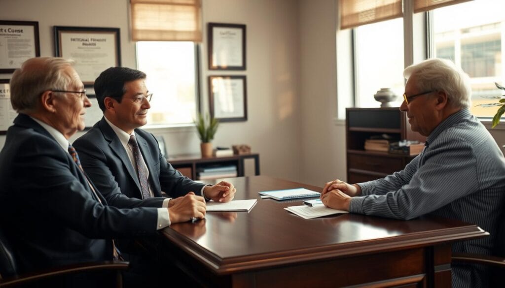 A smartly dressed couple in a modern office, a middle-aged man and woman sitting at a mahogany desk, engaged in a serious discussion with a senior client. Soft, natural lighting filters through large windows, casting a warm glow on the scene. The advisors' expressions convey professionalism, empathy, and a commitment to their client's financial well-being. Behind them, the walls are adorned with framed certificates and awards, subtly signaling their expertise and trustworthiness. The overall atmosphere is one of quiet confidence, underscoring the fiduciary nature of their advisory role. A smartly dressed couple in a modern office, a middle-aged man and woman sitting at a mahogany desk, engaged in a serious discussion with a senior client. Soft, natural lighting filters through large windows, casting a warm glow on the scene. The advisors' expressions convey professionalism, empathy, and a commitment to their client's financial well-being. Behind them, the walls are adorned with framed certificates and awards, subtly signaling their expertise and trustworthiness. The overall atmosphere is one of quiet confidence, underscoring the fiduciary nature of their advisory role.