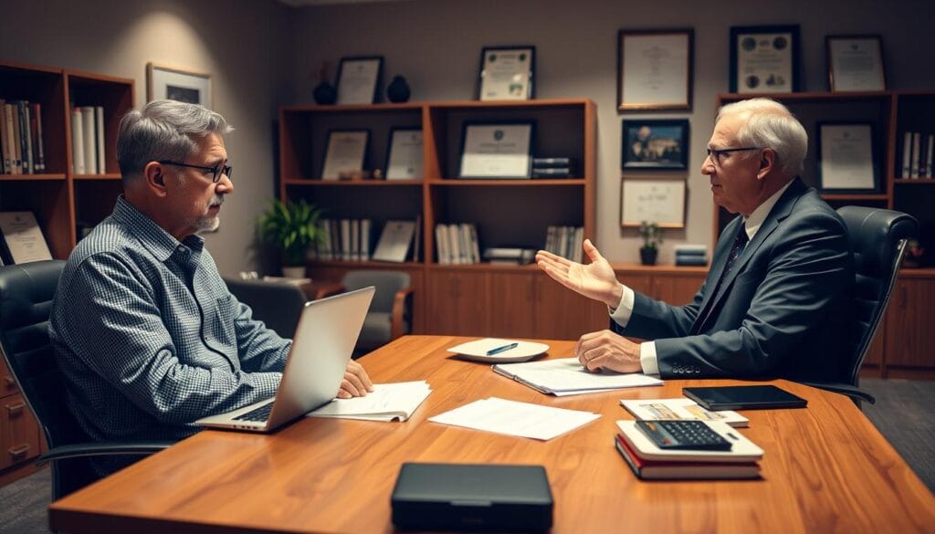 A spacious, well-lit office setting with a wooden desk and ergonomic chairs. On the desk, a laptop, calculator, and a stack of financial documents. In the foreground, a mature, professionally-dressed financial advisor gestures while explaining retirement planning options to a couple sitting across the desk. Soft, warm lighting casts a thoughtful, consultative atmosphere. The background features shelves of financial literature and framed certificates, conveying the advisor's expertise. An air of trust, guidance, and careful consideration pervades the scene. A spacious, well-lit office setting with a wooden desk and ergonomic chairs. On the desk, a laptop, calculator, and a stack of financial documents. In the foreground, a mature, professionally-dressed financial advisor gestures while explaining retirement planning options to a couple sitting across the desk. Soft, warm lighting casts a thoughtful, consultative atmosphere. The background features shelves of financial literature and framed certificates, conveying the advisor's expertise. An air of trust, guidance, and careful consideration pervades the scene.