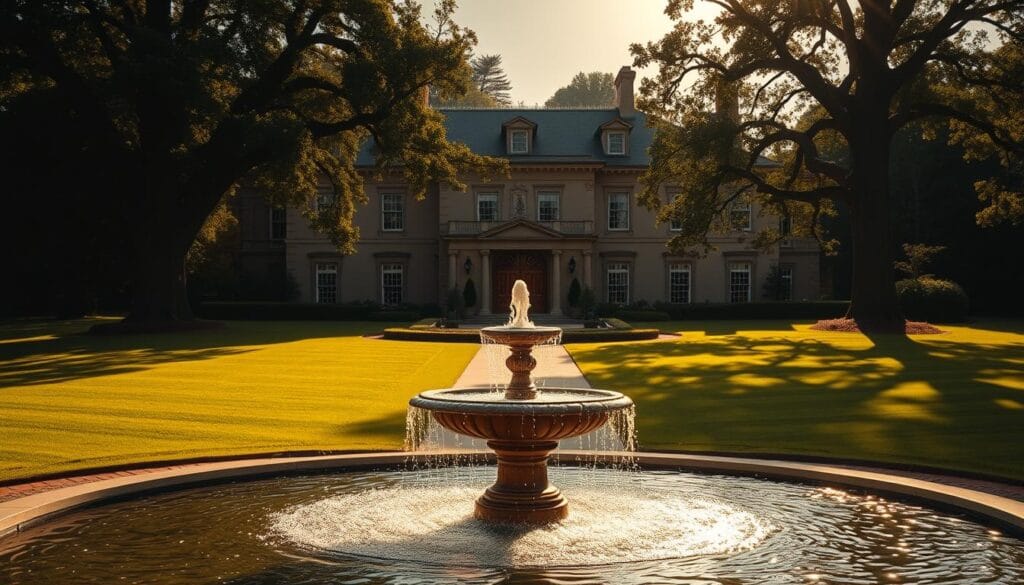 A stately manor set against a lush, verdant landscape. The grand, imposing facade exudes an air of refined elegance, with ornate architectural details and a sweeping, manicured lawn. In the foreground, a tastefully designed fountain glistens in the warm, golden light of the sun, creating a serene and tranquil atmosphere. The middle ground features a path leading to the ornate wooden doors of the estate, inviting the viewer to explore the intricate world of estate planning and wealth management within. The background is dotted with mature trees, casting soft, dappled shadows across the scene, conveying a sense of timelessness and tradition. The overall mood is one of sophistication, security, and the careful stewardship of generational wealth.