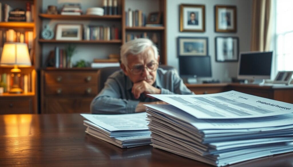 A stylized illustration of financial aid considerations for grandparent-owned college savings accounts. In the foreground, a stack of documents and financial forms sits atop a mahogany desk, illuminated by warm, soft lighting. In the middle ground, an elderly grandparent contemplates the paperwork, a pensive expression on their face. The background depicts a cozy home office, with bookshelves, a computer, and framed family photos, conveying a sense of financial responsibility and care for the next generation. The overall mood is one of thoughtful planning, with a focus on navigating the complexities of grandparent-owned college savings and financial aid eligibility. A stylized illustration of financial aid considerations for grandparent-owned college savings accounts. In the foreground, a stack of documents and financial forms sits atop a mahogany desk, illuminated by warm, soft lighting. In the middle ground, an elderly grandparent contemplates the paperwork, a pensive expression on their face. The background depicts a cozy home office, with bookshelves, a computer, and framed family photos, conveying a sense of financial responsibility and care for the next generation. The overall mood is one of thoughtful planning, with a focus on navigating the complexities of grandparent-owned college savings and financial aid eligibility.