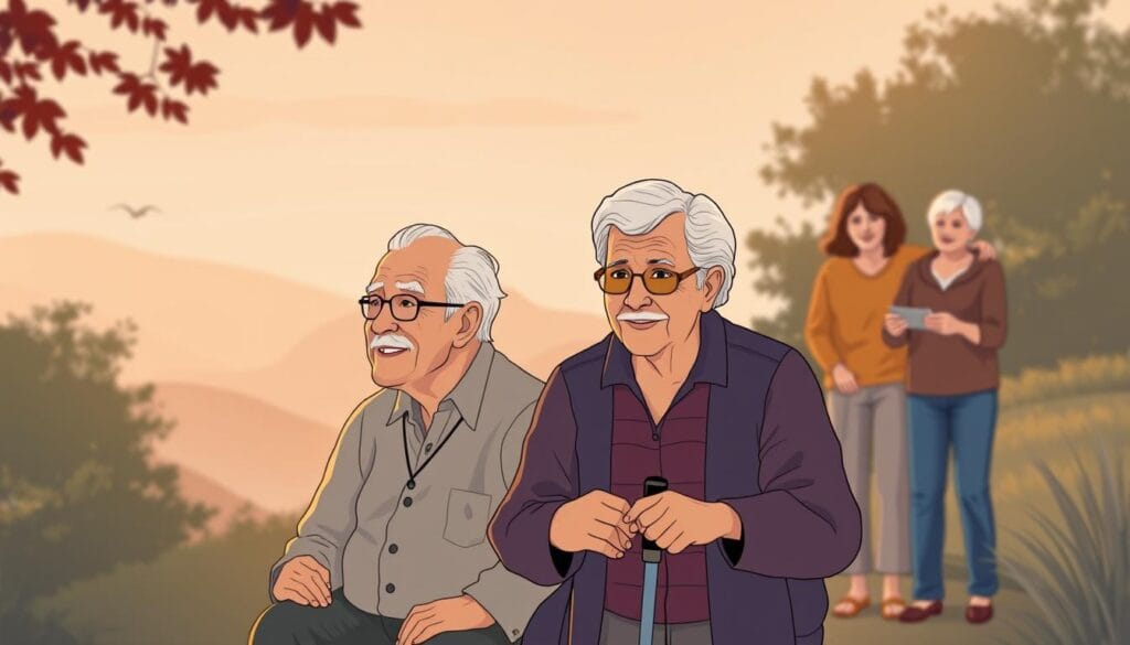 A stylized illustration of four distinct retirement client segments, each with a unique set of needs and characteristics. In the foreground, a mature couple enjoying leisure activities, representing the active and engaged retirees. In the middle ground, an elderly individual with a cane, symbolizing the segment requiring more specialized care and support. Behind them, a younger retiree couple planning their financial future, conveying the importance of early retirement planning. In the background, a multi-generational family unit, highlighting the role of family dynamics and legacy planning for some clients. The scene is rendered in a warm, muted color palette, with soft lighting and a sense of tranquility, reflecting the overall theme of retirement.