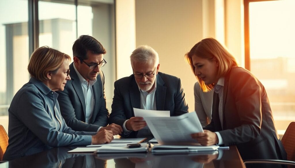 A team of experienced retirement financial advisors gathered around a conference table, engaged in a serious discussion. The scene is illuminated by warm, natural lighting filtering through large windows, casting a soft glow on their faces. The advisors, dressed in professional attire, lean in intently, their expressions reflecting deep contemplation as they review investment portfolios and retirement planning documents. The background is slightly blurred, placing the focus on the advisors and the important work they are undertaking to secure the financial futures of their clients.