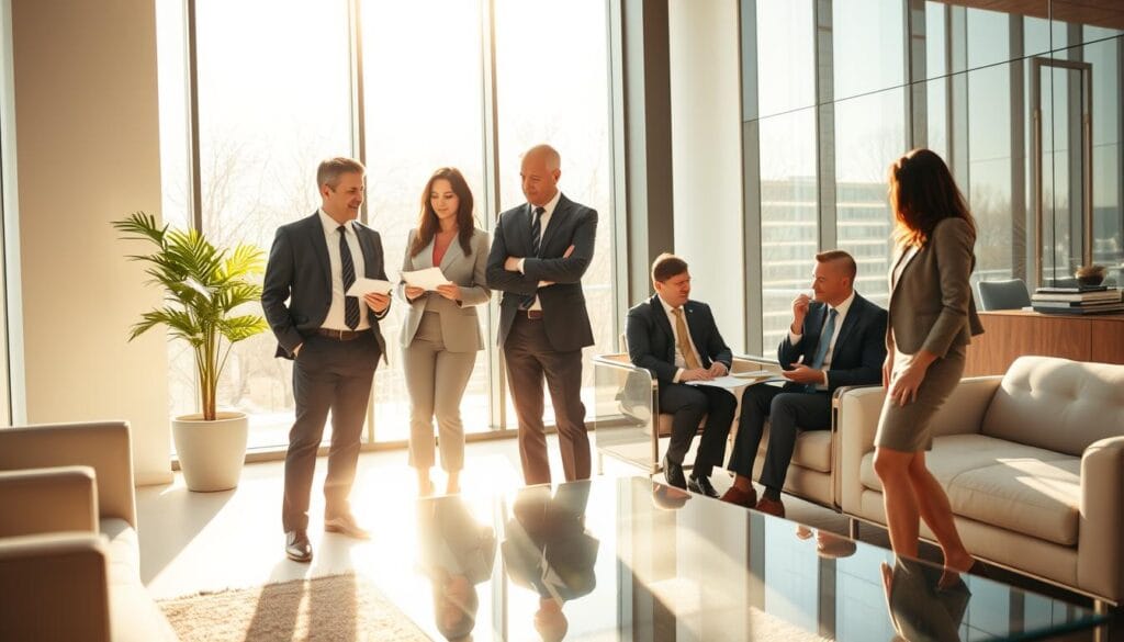 A team of well-dressed financial advisors standing in a modern, sunlit office. In the foreground, a group of three advisors are engaged in a lively discussion, gesturing animatedly as they review financial documents. In the middle ground, a pair of advisors are seated at a glass-topped table, deep in conversation with a client. The background features sleek, minimalist furniture and floor-to-ceiling windows, allowing natural light to pour in and create a warm, professional atmosphere. The advisors exude an air of confidence and expertise, conveying their ability to provide sound financial guidance. A team of well-dressed financial advisors standing in a modern, sunlit office. In the foreground, a group of three advisors are engaged in a lively discussion, gesturing animatedly as they review financial documents. In the middle ground, a pair of advisors are seated at a glass-topped table, deep in conversation with a client. The background features sleek, minimalist furniture and floor-to-ceiling windows, allowing natural light to pour in and create a warm, professional atmosphere. The advisors exude an air of confidence and expertise, conveying their ability to provide sound financial guidance.