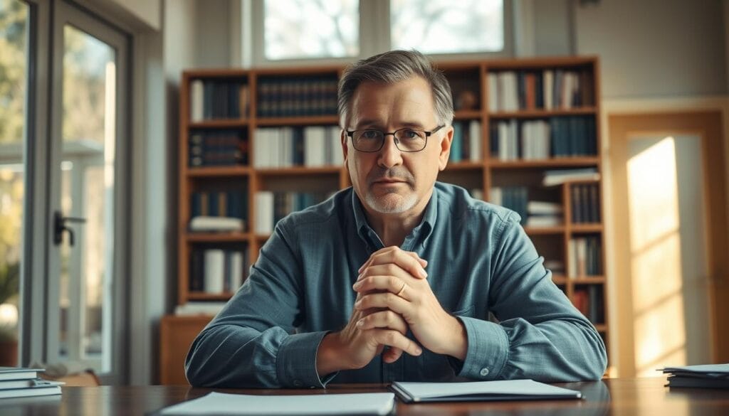 A thoughtful, middle-aged individual sits at a wooden desk, hands clasped and brows furrowed in contemplation. The sunlight streams through large windows, casting a warm, professional glow across the scene. In the background, a bookshelf filled with finance texts and retirement planning guides creates an atmosphere of expertise and experience. The subject's expression conveys a sense of care and dedication, as they consider the best strategies to secure their client's financial future. The overall composition suggests a trustworthy, fiduciary advisor who is focused on providing personalized retirement planning advice.