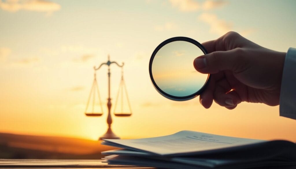 A tranquil scene depicting a fiduciary standard, captured through a warm, soft-focused lens. In the foreground, a hand holding a magnifying glass examines financial documents, symbolizing the meticulous attention to detail required. In the middle ground, a scale balances delicately, representing the impartial and fair judgment at the heart of the fiduciary duty. The background is a serene landscape, with rolling hills and a calming, golden-hour sky, conveying the sense of security and trust that the fiduciary standard instills. The overall mood is one of professionalism, diligence, and a steadfast commitment to the well-being of the client.