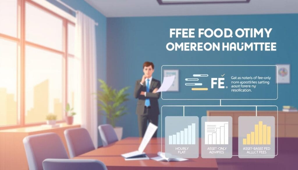 A vibrant and informative illustration of a fee-only financial advisor's compensation model. In the foreground, a clear visualization of the various fee structures, such as hourly, flat, and asset-based fees, presented in a clean, infographic-style layout. The middle ground showcases a professional advisor in a thoughtful pose, surrounded by financial documents and charts, conveying expertise and transparency. In the background, a serene, minimalist office setting with natural lighting, creating a calm and trustworthy atmosphere. The overall composition emphasizes the clarity, fairness, and transparency of the fee-only model, aligning with the subject matter of the article.
