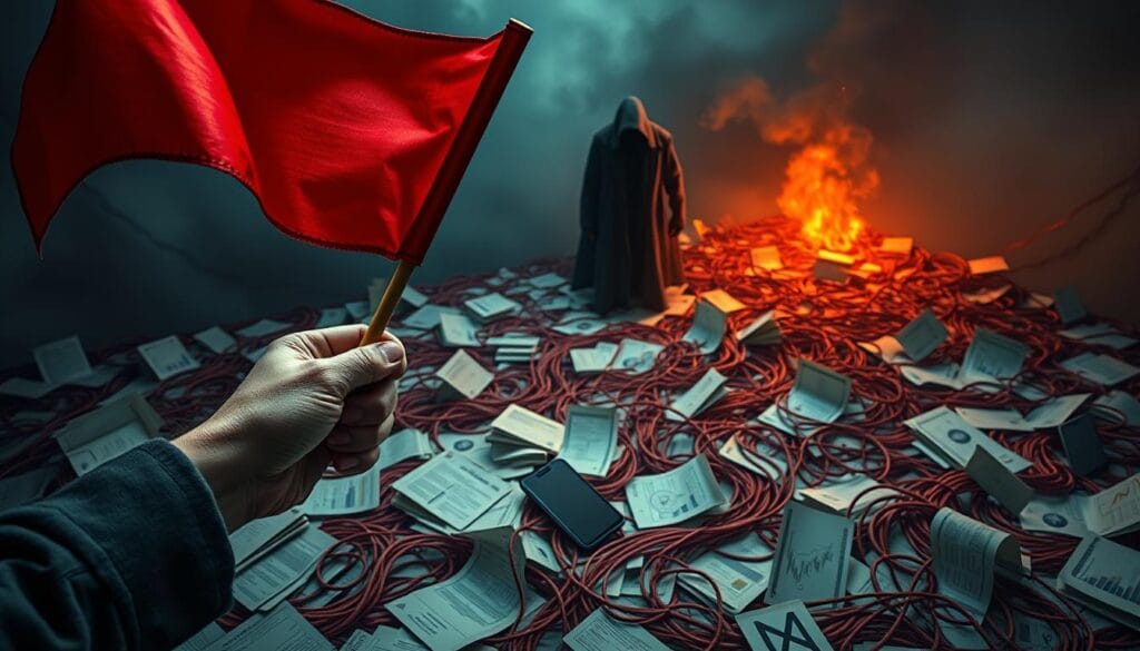 A vibrant and ominous scene depicting the "fiduciary red flags" that investors should watch out for when selecting a retirement planner. In the foreground, a hand holding a red flag waves it urgently, symbolizing the warning signs to be heeded. The middle ground features a maze of tangled financial documents, investment reports, and complex charts, representing the potential pitfalls of an untrustworthy fiduciary. In the distant background, a gloomy, shadowy figure lurks, casting an ominous presence over the entire scene. The lighting is dramatic, with deep shadows and dramatic highlights, conveying a sense of unease and caution. The overall tone is one of vigilance and the need to thoroughly vet any potential financial advisor.
