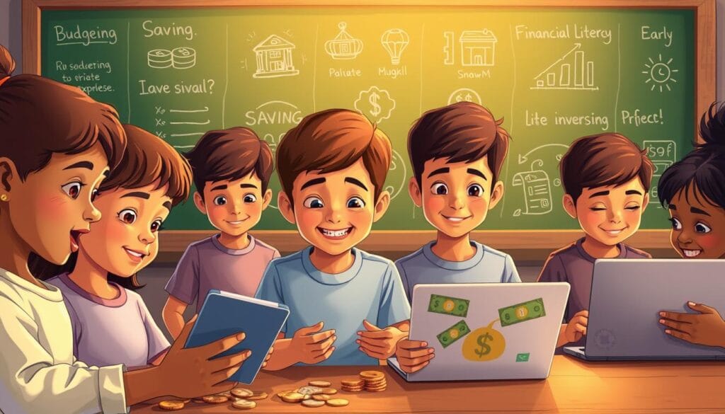 A vibrant, colorful illustration depicting a group of diverse children engaged in various financial literacy activities. In the foreground, two children are carefully counting coins and bills, their faces alight with concentration. In the middle ground, a child is using a tablet to track their expenses, while another is playing a financial education game on a laptop. In the background, a chalkboard displays simple financial concepts like budgeting, saving, and investing, illustrated with playful icons and graphics. The lighting is warm and inviting, creating a sense of optimism and empowerment. The scene conveys the importance of building financial skills early on, fostering a lifelong understanding of personal finance. A vibrant, colorful illustration depicting a group of diverse children engaged in various financial literacy activities. In the foreground, two children are carefully counting coins and bills, their faces alight with concentration. In the middle ground, a child is using a tablet to track their expenses, while another is playing a financial education game on a laptop. In the background, a chalkboard displays simple financial concepts like budgeting, saving, and investing, illustrated with playful icons and graphics. The lighting is warm and inviting, creating a sense of optimism and empowerment. The scene conveys the importance of building financial skills early on, fostering a lifelong understanding of personal finance.