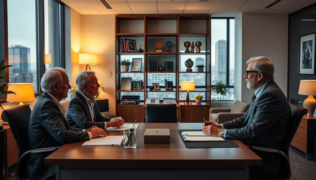 A vibrant financial advisory office setting, showcasing the profiles of three experienced senior financial advisors. The foreground features three desks, each with a senior advisor engaged in a professional consultation with a senior client. Soft lighting from desk lamps and a large window in the background creates a warm, inviting atmosphere. In the middle ground, shelves display financial planning materials and awards, conveying the advisors' expertise. The background features additional office furnishings and a cityscape visible through the window, establishing the professional, urban setting. The overall mood is one of trust, competence, and personalized financial guidance tailored for the senior demographic. A vibrant financial advisory office setting, showcasing the profiles of three experienced senior financial advisors. The foreground features three desks, each with a senior advisor engaged in a professional consultation with a senior client. Soft lighting from desk lamps and a large window in the background creates a warm, inviting atmosphere. In the middle ground, shelves display financial planning materials and awards, conveying the advisors' expertise. The background features additional office furnishings and a cityscape visible through the window, establishing the professional, urban setting. The overall mood is one of trust, competence, and personalized financial guidance tailored for the senior demographic.