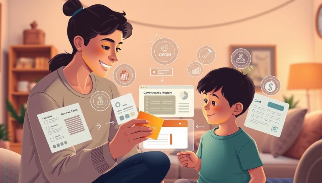 A warm and inviting illustration showcasing a family setting up a financial future for their child. In the foreground, a parent guides their young child through the process of opening a secured credit card, with a supportive, nurturing expression. In the middle ground, a dynamic display of credit reports, score tracking, and budgeting tools creates a sense of empowerment and responsibility. The background depicts a cozy home environment, with soft lighting and subtle patterns, conveying a sense of care and stability. The overall mood is one of anticipation and optimism, reflecting the importance of establishing credit history for children's long-term financial well-being. A warm and inviting illustration showcasing a family setting up a financial future for their child. In the foreground, a parent guides their young child through the process of opening a secured credit card, with a supportive, nurturing expression. In the middle ground, a dynamic display of credit reports, score tracking, and budgeting tools creates a sense of empowerment and responsibility. The background depicts a cozy home environment, with soft lighting and subtle patterns, conveying a sense of care and stability. The overall mood is one of anticipation and optimism, reflecting the importance of establishing credit history for children's long-term financial well-being.