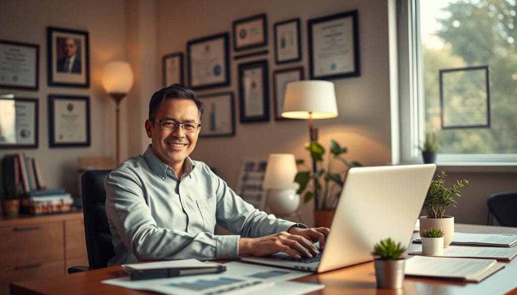 A warm and inviting office setting with a fiduciary financial advisor sitting at a desk, dressed professionally, working on a laptop computer. The advisor has a friendly, trustworthy expression and is surrounded by financial documents, charts, and a small potted plant. The room is well-lit, with soft lighting from a floor lamp and natural light streaming in through a window in the background, creating a calming, productive atmosphere. The walls are adorned with certificates and awards, conveying the advisor's expertise and commitment to their clients. The overall scene exudes a sense of reliability, transparency, and personalized financial guidance.