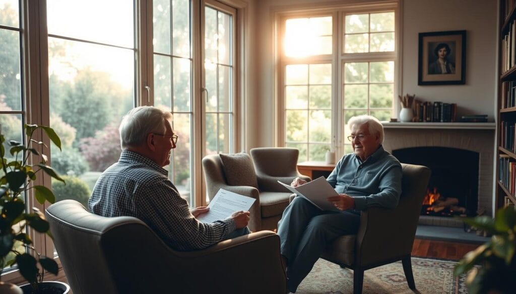 A warm, inviting scene of a cozy study overlooking a lush garden. In the foreground, a senior couple sits comfortably by a fireplace, reviewing tax documents and discussing charitable donation strategies to reduce their tax burden. Sunlight filters through large windows, casting a soft glow on the room. In the background, bookshelves line the walls, hinting at a lifetime of wisdom and financial planning. The atmosphere is one of tranquility and thoughtful consideration, conveying the benefits of charitable giving for high-income seniors. A warm, inviting scene of a cozy study overlooking a lush garden. In the foreground, a senior couple sits comfortably by a fireplace, reviewing tax documents and discussing charitable donation strategies to reduce their tax burden. Sunlight filters through large windows, casting a soft glow on the room. In the background, bookshelves line the walls, hinting at a lifetime of wisdom and financial planning. The atmosphere is one of tranquility and thoughtful consideration, conveying the benefits of charitable giving for high-income seniors.