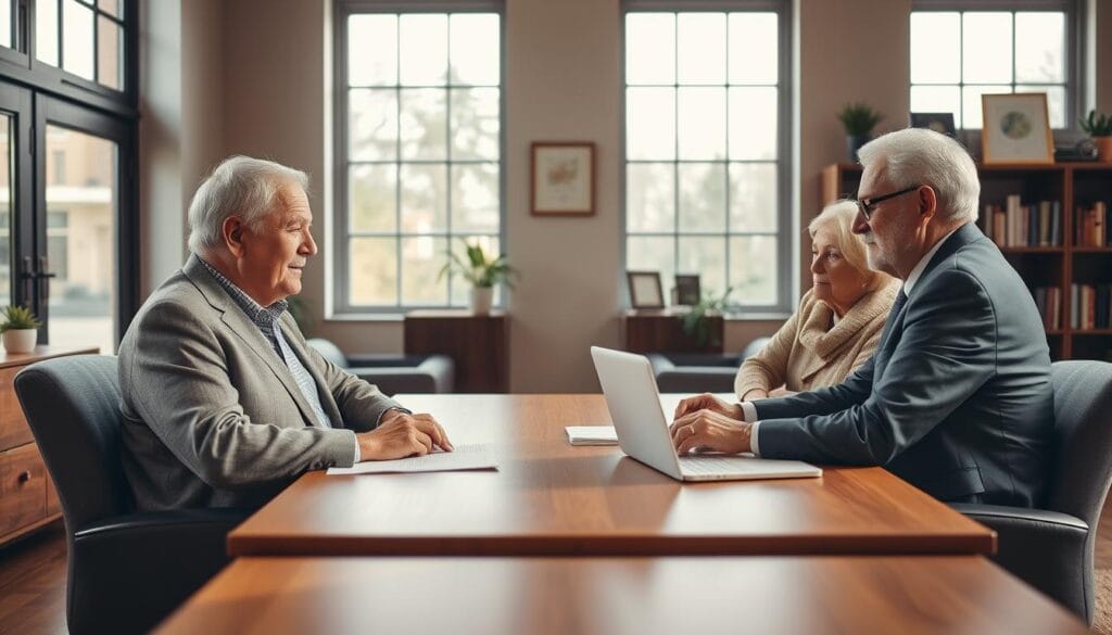A warm, welcoming office interior with an elder couple seated across a wooden desk, engaged in a thoughtful discussion with a professional financial advisor. Soft natural lighting filters through large windows, casting a serene atmosphere. The advisor, dressed in a tailored suit, leans forward with a reassuring expression, papers and a laptop on the desk before them. The senior clients, in comfortable casual attire, listen intently, expressions of trust and comfort. In the background, bookshelves and framed certificates hint at the advisor's expertise and experience. The overall mood conveys a sense of care, expertise, and a collaborative partnership between the advisor and their senior clients. A warm, welcoming office interior with an elder couple seated across a wooden desk, engaged in a thoughtful discussion with a professional financial advisor. Soft natural lighting filters through large windows, casting a serene atmosphere. The advisor, dressed in a tailored suit, leans forward with a reassuring expression, papers and a laptop on the desk before them. The senior clients, in comfortable casual attire, listen intently, expressions of trust and comfort. In the background, bookshelves and framed certificates hint at the advisor's expertise and experience. The overall mood conveys a sense of care, expertise, and a collaborative partnership between the advisor and their senior clients.