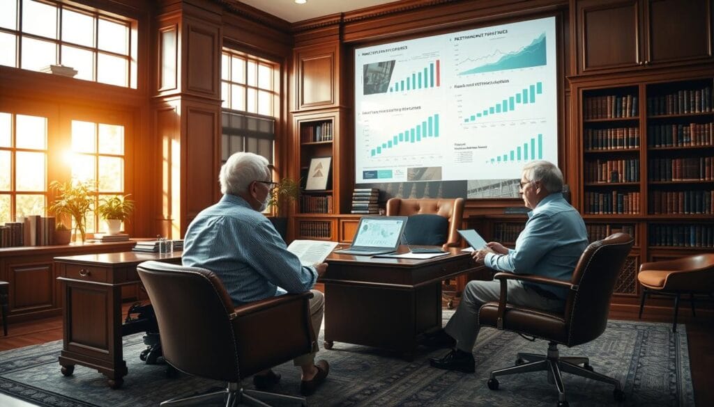 A well-appointed office interior, sunlight streaming through large windows, illuminating a polished wooden desk, leather chairs, and bookshelves filled with finance volumes. In the foreground, a retired couple sits across from a financial advisor, deep in discussion, surrounded by charts, graphs, and digital displays showcasing investment portfolios and retirement projections. The atmosphere is one of trust, expertise, and careful planning, conveying the importance of comprehensive wealth management in the golden years. A well-appointed office interior, sunlight streaming through large windows, illuminating a polished wooden desk, leather chairs, and bookshelves filled with finance volumes. In the foreground, a retired couple sits across from a financial advisor, deep in discussion, surrounded by charts, graphs, and digital displays showcasing investment portfolios and retirement projections. The atmosphere is one of trust, expertise, and careful planning, conveying the importance of comprehensive wealth management in the golden years.