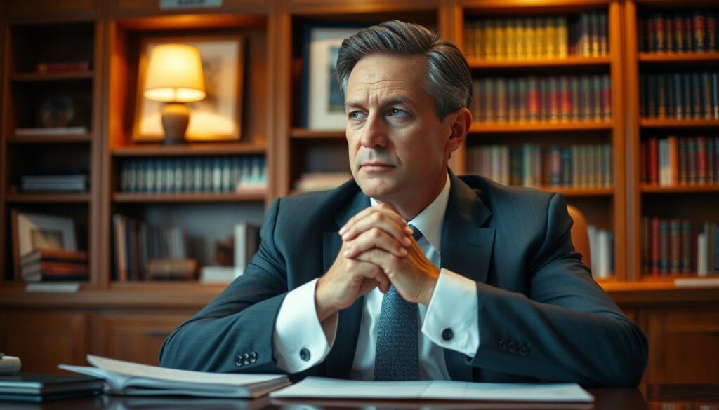 A well-dressed financial advisor sitting at a desk, hands clasped in front of them, with a focused, contemplative expression. The office has a warm, inviting atmosphere with soft lighting, oak furniture, and a bookshelf filled with financial publications in the background. The advisor wears a tailored suit, a crisp white shirt, and a subtle tie, conveying a sense of professionalism and expertise. The scene is captured from a slightly elevated angle, creating a sense of authority and trustworthiness.