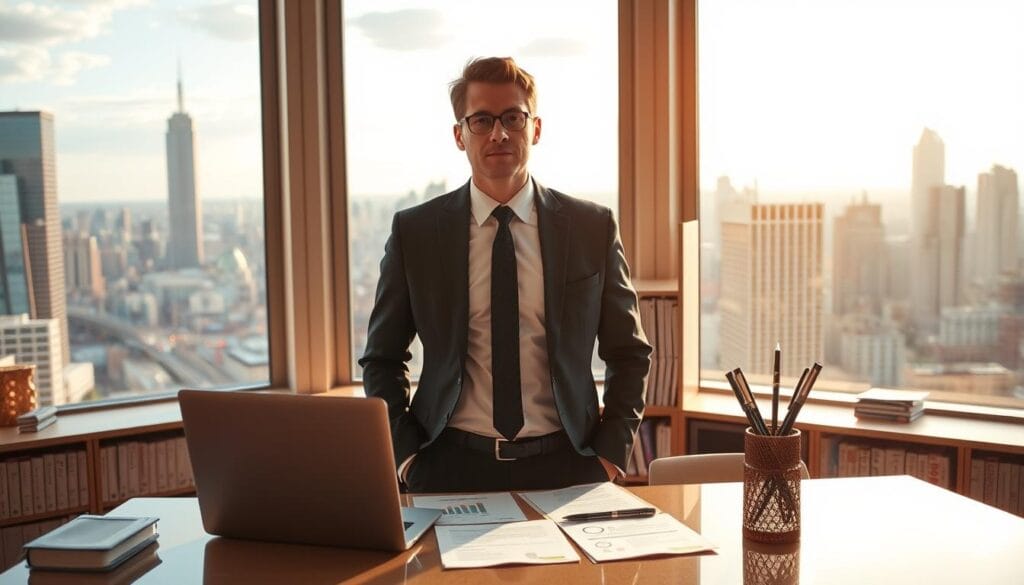 A well-dressed financial advisor standing in a modern office, framed by large windows overlooking a bustling city skyline. Warm, natural lighting bathes the scene, creating a professional yet approachable atmosphere. The advisor's attentive expression and confident posture convey expertise and trustworthiness. In the foreground, a sleek desk with a laptop, financial documents, and a stylized pen cup. The middle ground features bookshelves filled with financial publications, while the background showcases the vibrant urban landscape beyond the office. An image that inspires confidence in the advisor's ability to guide clients towards their financial goals.
