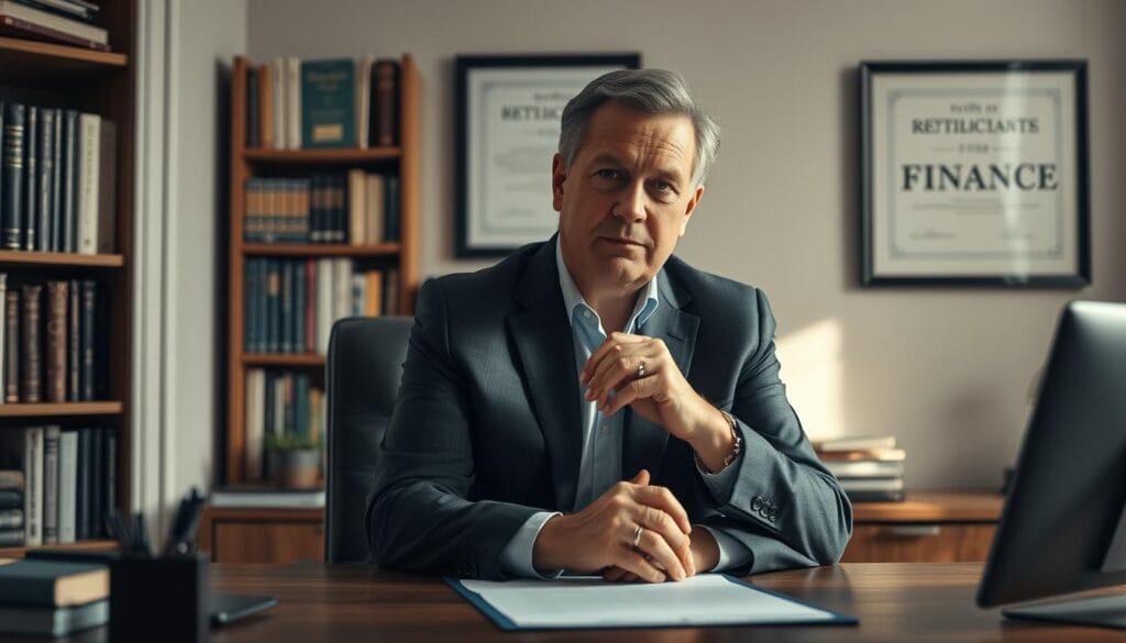A well-dressed, middle-aged person sitting at a wooden desk in a cozy, warmly lit home office. The figure is intently focused, hands clasped, with an air of trustworthiness and professionalism. Behind them, a bookshelf filled with finance-related tomes and a framed certification on the wall convey their expertise. Soft, natural lighting illuminates the scene, creating a sense of transparency and approachability. The overall atmosphere evokes a sense of reliability, diligence, and a commitment to fiduciary duty.