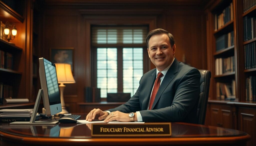 A well-dressed professional with an earnest, trustworthy expression, sitting at a mahogany desk in a cozy, wood-paneled office. Warm, indirect lighting casts a soft glow, creating an atmosphere of expertise and integrity. The desk is neatly organized, with a computer, documents, and a nameplate that reads "Fiduciary Financial Advisor." Bookshelves line the walls, conveying a sense of depth and authority. The overall impression is one of a reliable, experienced advisor, someone you can trust to guide you through complex financial decisions.