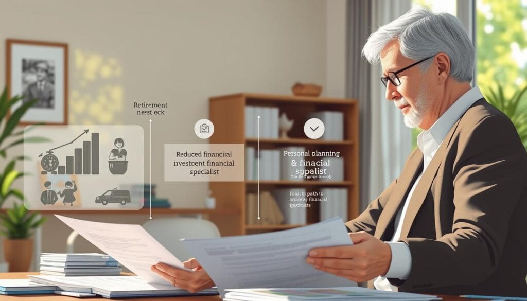 A well-lit, detailed illustration showcasing the key benefits of financial planning for seniors. In the foreground, a thoughtful senior reviewing retirement documents and investment plans with a personal financial specialist, their expressions conveying trust and collaboration. The middle ground depicts visual metaphors for the benefits - a growing retirement nest egg, reduced financial stress, and a clear path to achieving financial goals. The background frames the scene with a serene, sun-dappled office setting, suggesting the peace of mind that comes with effective financial guidance.