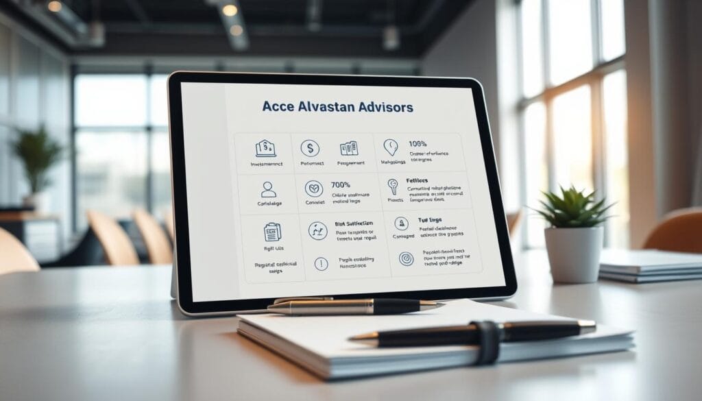 A well-lit, high-resolution image of a financial advisor's evaluation criteria, presented on a modern, minimalist desk setup. The foreground features a sleek tablet or laptop display showcasing a clean, user-friendly interface with icons and infographics outlining key evaluation metrics such as investment performance, risk management, client satisfaction, and regulatory compliance. The middle ground includes a professional-grade pen, a stylish notepad, and a small potted plant, creating a sense of balance and professionalism. The background is a subtly blurred office setting, with a large window allowing natural light to filter in, creating a warm and inviting atmosphere. The overall composition conveys a sense of expertise, trustworthiness, and a client-centric approach to financial advising. A well-lit, high-resolution image of a financial advisor's evaluation criteria, presented on a modern, minimalist desk setup. The foreground features a sleek tablet or laptop display showcasing a clean, user-friendly interface with icons and infographics outlining key evaluation metrics such as investment performance, risk management, client satisfaction, and regulatory compliance. The middle ground includes a professional-grade pen, a stylish notepad, and a small potted plant, creating a sense of balance and professionalism. The background is a subtly blurred office setting, with a large window allowing natural light to filter in, creating a warm and inviting atmosphere. The overall composition conveys a sense of expertise, trustworthiness, and a client-centric approach to financial advising.