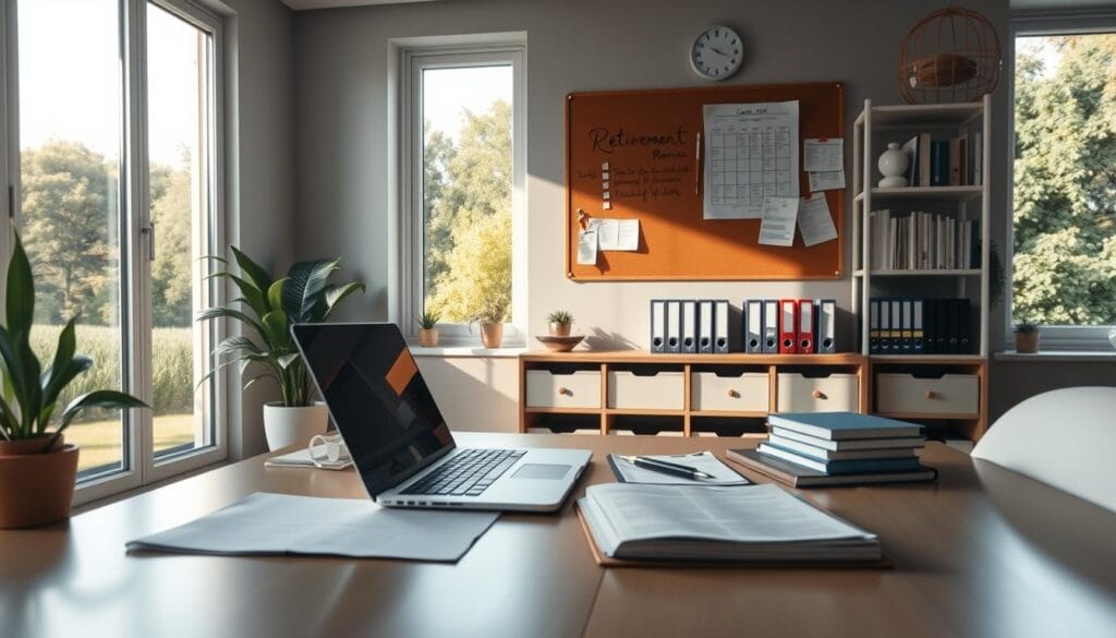 A well-lit, high-resolution image of a serene, modern home office. In the foreground, a desk with a laptop, financial documents, and a pen. On the wall behind, a corkboard with notes, checklists, and a calendar, conveying a sense of thoughtful financial planning. Soft, natural lighting filters through large windows, casting a warm glow on the scene. The middle ground features shelves with financial books and folders, hinting at the depth of research and preparation. The background showcases a scenic view of a lush, tranquil garden, symbolizing the long-term goals and stability associated with retirement planning.