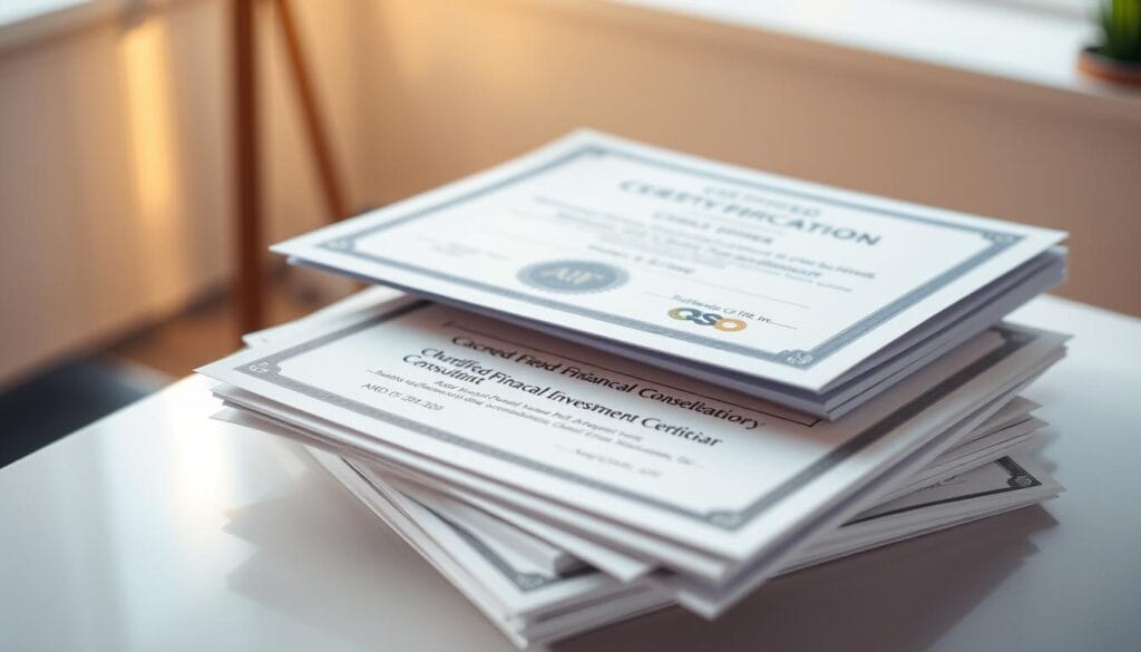 A well-lit, high-resolution image of a stack of professional certification documents and credentials, including a Certified Financial Planner (CFP) certificate, Chartered Financial Consultant (ChFC) designation, and Accredited Investment Fiduciary (AIF) credential. The documents are arranged on a clean, minimalist desk or table, with a warm, natural lighting illuminating the scene. The focus is on the certifications, conveying a sense of expertise, trust, and the importance of choosing a qualified fiduciary advisor. The background is slightly blurred, keeping the viewer's attention on the key elements. A well-lit, high-resolution image of a stack of professional certification documents and credentials, including a Certified Financial Planner (CFP) certificate, Chartered Financial Consultant (ChFC) designation, and Accredited Investment Fiduciary (AIF) credential. The documents are arranged on a clean, minimalist desk or table, with a warm, natural lighting illuminating the scene. The focus is on the certifications, conveying a sense of expertise, trust, and the importance of choosing a qualified fiduciary advisor. The background is slightly blurred, keeping the viewer's attention on the key elements.