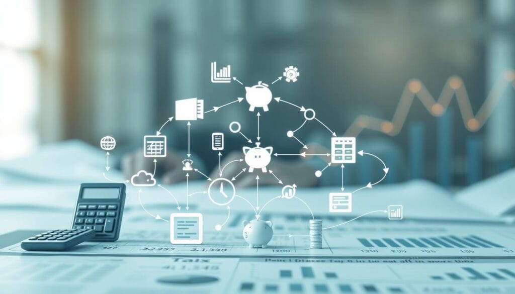 A well-lit, high-resolution image of tax planning strategies, depicted as a three-dimensional diagram. In the foreground, a series of interconnected financial icons, including a calculator, piggy bank, and tax forms, symbolizing the various elements of tax planning. The middle ground showcases a flowing network of arrows and lines, illustrating the intricate relationships and interdependencies within the tax planning process. In the background, a soft, blurred landscape of financial graphs and charts, providing a contextual backdrop. The overall scene conveys a sense of precision, complexity, and strategic decision-making inherent in effective tax planning.