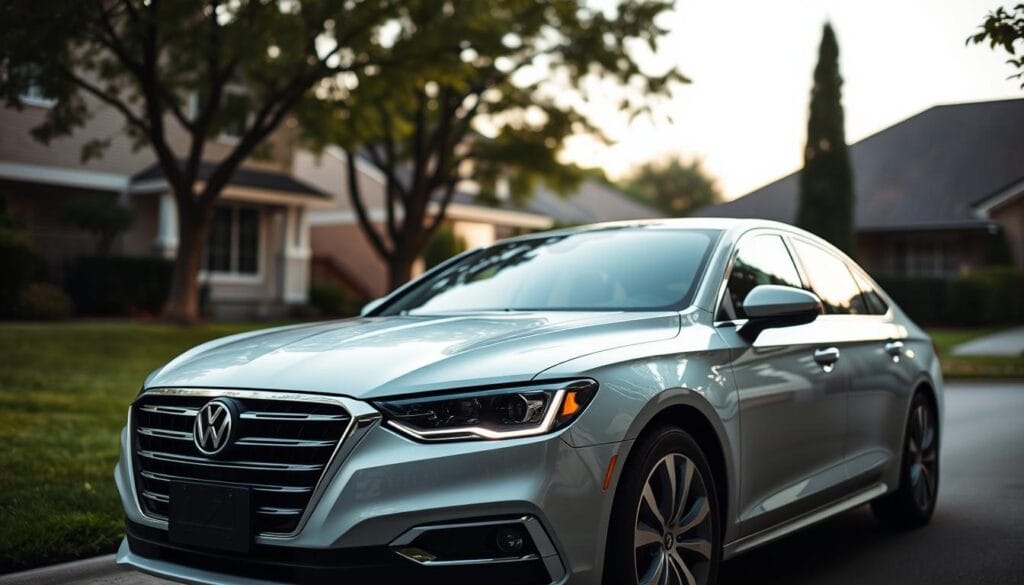A well-lit, modern sedan parked in a serene suburban neighborhood, showcasing its sleek design and the owner's sense of sophistication. The car's front grille, headlights, and side profile are crisp and detailed, hinting at the potential savings from a seniors' car insurance policy. The background features a neatly trimmed lawn, with a few leafy trees providing a natural, calming ambiance. The lighting is soft and diffused, creating a warm, inviting atmosphere that highlights the car's elegant lines and the owner's pride in their well-maintained vehicle.