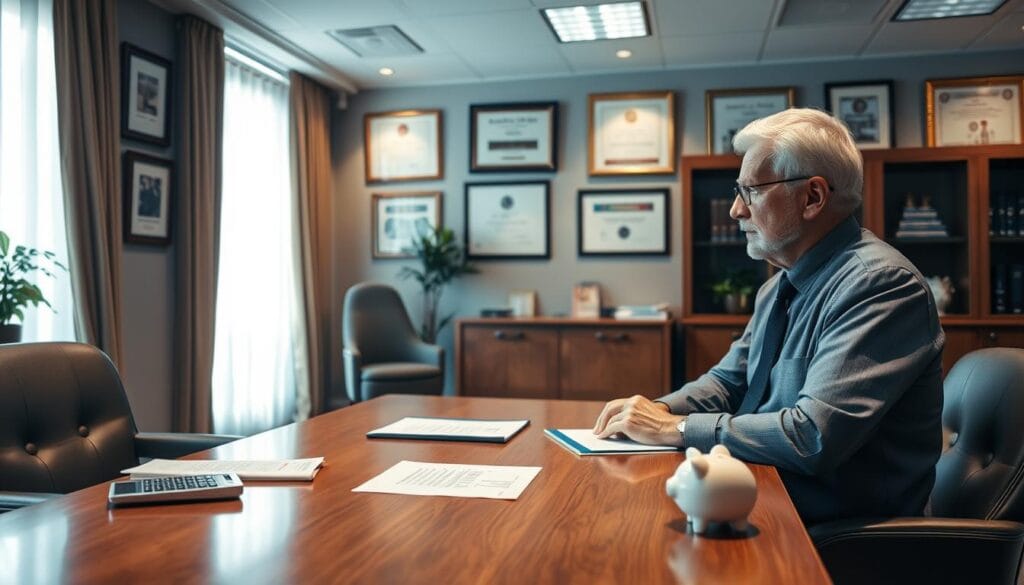 A well-lit office interior with a polished oak desk and comfortable chairs. On the desk, a calculator, a few financial documents, and a piggy bank. The walls are adorned with framed certificates and diplomas, conveying a sense of professional expertise. The lighting is soft and warm, creating a welcoming atmosphere. In the foreground, a senior client and a financial planner are engaged in a thoughtful discussion, their expressions conveying the importance of the conversation. The scene suggests a transparent and collaborative relationship, where the planner's fees are discussed openly and tailored to the client's specific needs. A well-lit office interior with a polished oak desk and comfortable chairs. On the desk, a calculator, a few financial documents, and a piggy bank. The walls are adorned with framed certificates and diplomas, conveying a sense of professional expertise. The lighting is soft and warm, creating a welcoming atmosphere. In the foreground, a senior client and a financial planner are engaged in a thoughtful discussion, their expressions conveying the importance of the conversation. The scene suggests a transparent and collaborative relationship, where the planner's fees are discussed openly and tailored to the client's specific needs.