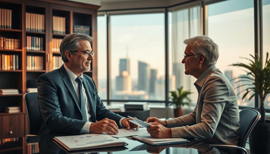A well-lit office interior with a professional financial advisor seated at a desk, surrounded by shelves of financial documents and charts. The advisor is engaged in a thoughtful discussion with a client, their expressions conveying trust and collaboration. The background features an elegant bookcase and a large window overlooking a modern cityscape, symbolizing the advisor's expertise and the client's financial security. The lighting is warm and inviting, casting a soft glow on the scene. The overall composition exudes an atmosphere of professionalism, wisdom, and the trusted guidance of a fiduciary in wealth management.