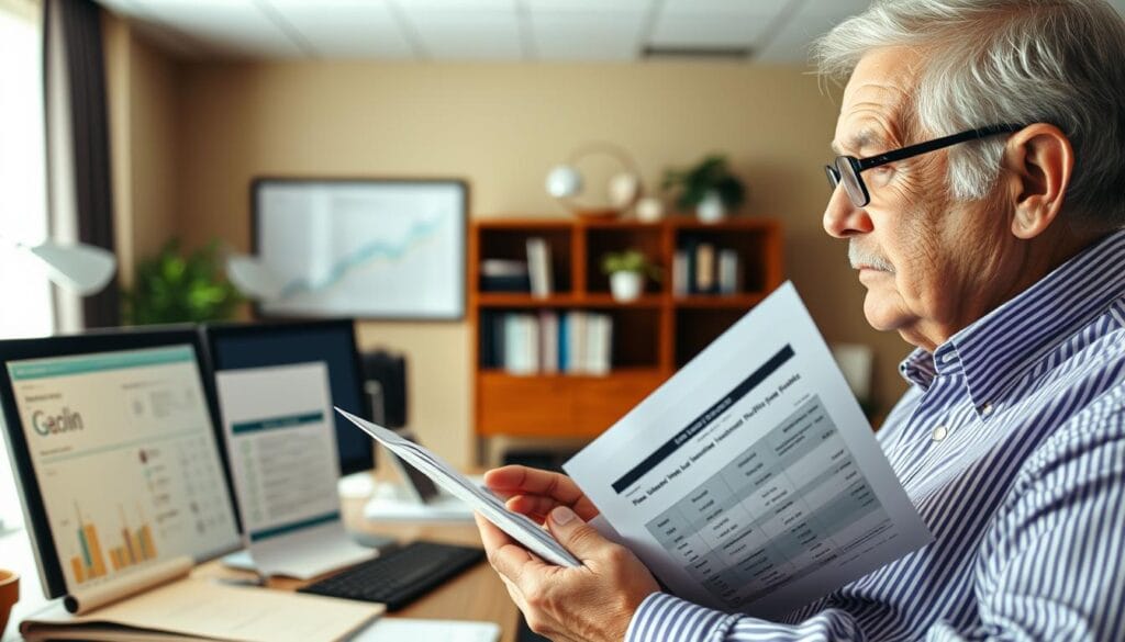 A well-lit office setting with a desk, computer, and various financial documents. In the foreground, a senior-aged person is carefully reviewing investment options, with a focused expression. The middle ground features a range of retirement investment vehicles, including 401(k) plans, IRAs, and mutual funds, displayed on the desk or computer screen. The background has a warm, inviting atmosphere, suggesting a comfortable, professional environment. The scene conveys a sense of thoughtful decision-making and financial planning for the golden years.