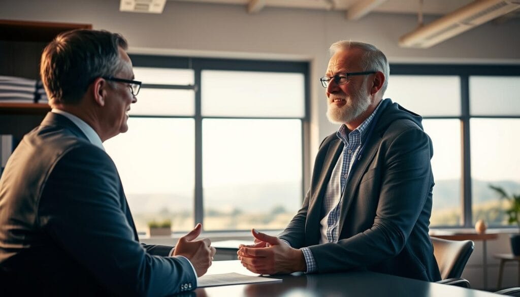 A well-lit office setting with a middle-aged financial advisor in a suit sitting across a table from an active senior athlete in workout gear. The advisor has a friendly, reassuring expression as they discuss financial planning. The background features shelves of financial documents and a window overlooking a scenic outdoor landscape. The lighting is warm and professional, captured with a wide-angle lens to convey the collaborative nature of the interaction.