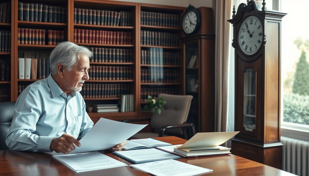 A well-lit office setting with a senior couple sitting across a wooden desk, discussing important documents and folders. In the background, bookshelves filled with legal texts and a window overlooking a tranquil garden. The couple's expressions convey a sense of focus and earnestness as they navigate the complexities of estate planning. The lighting is soft and warm, creating a calming atmosphere. A large, ornate grandfather clock stands in the corner, subtly emphasizing the importance of time and preparation in this process.
