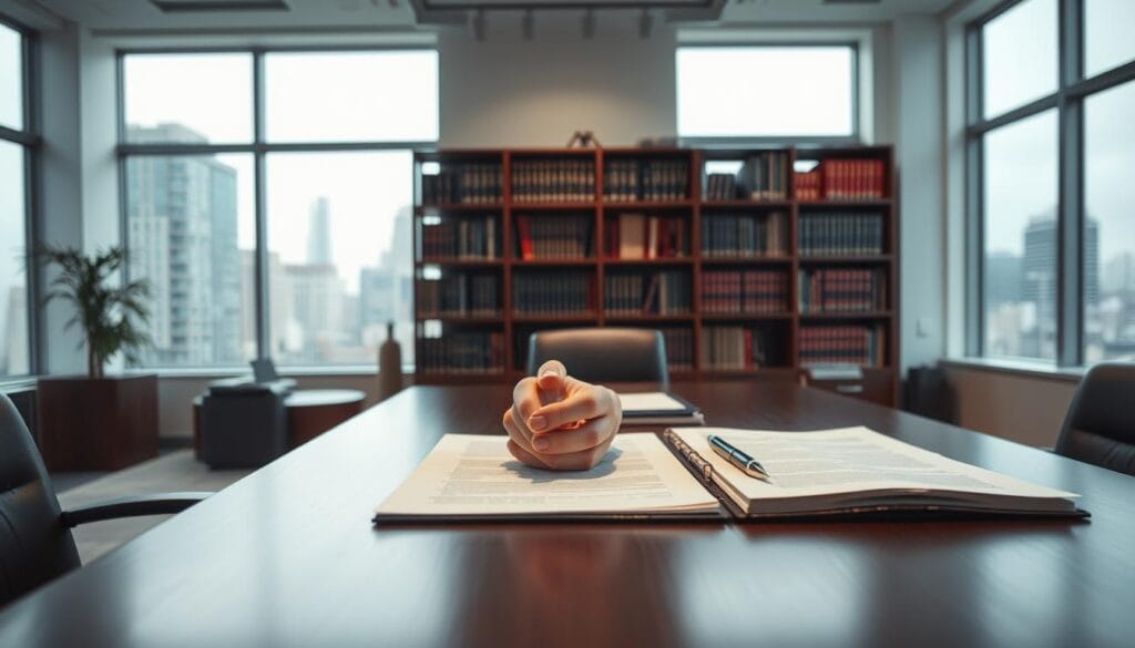 A well-lit, professional office scene with a large desk in the foreground. On the desk, a stack of documents, a pen, and a thoughtful-looking person's hand posed as if considering a key question. In the middle ground, several bookshelves filled with financial texts, creating a sense of expertise and authority. The background features large windows overlooking a cityscape, suggesting an urban, financial setting. The overall mood is one of contemplation and professionalism, inviting the viewer to consider the important questions one should ask a potential fiduciary.