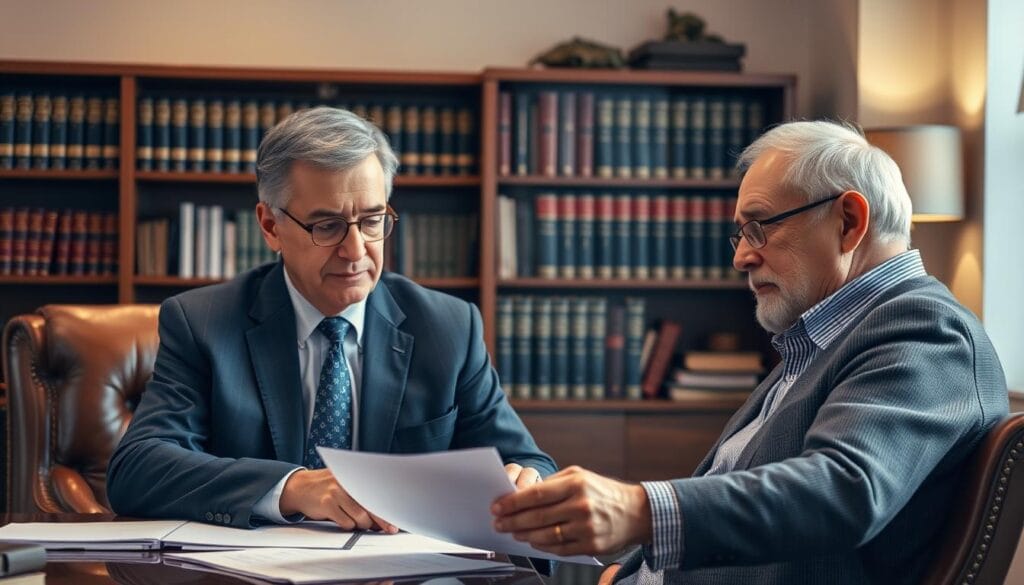 A well-lit, professional office setting with a mahogany desk, leather armchair, and a bookshelf filled with financial tomes in the background. In the foreground, a mature, experienced wealth manager in a tailored suit reviews financial documents with a retired client, their expressions serene and focused, conveying a sense of trust and expertise. Soft, directional lighting casts a warm glow, while the overall composition suggests a thoughtful, collaborative approach to wealth management tailored to the client's unique retirement needs.