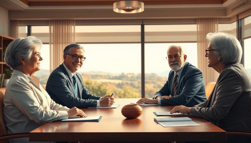 A well-lit, richly detailed illustration depicting a group of mature, professionally dressed financial advisors sitting around a wooden conference table, engaged in a thoughtful discussion. The advisors have kind, empathetic expressions, conveying their dedication to guiding senior clients. Soft, diffused lighting casts a warm glow, while the background features tasteful office decor and a panoramic window overlooking a serene, sun-dappled landscape, creating a sense of trust and competence. The composition emphasizes the advisors' trustworthiness and commitment to providing comprehensive, personalized financial guidance tailored to the unique needs of senior clients. A well-lit, richly detailed illustration depicting a group of mature, professionally dressed financial advisors sitting around a wooden conference table, engaged in a thoughtful discussion. The advisors have kind, empathetic expressions, conveying their dedication to guiding senior clients. Soft, diffused lighting casts a warm glow, while the background features tasteful office decor and a panoramic window overlooking a serene, sun-dappled landscape, creating a sense of trust and competence. The composition emphasizes the advisors' trustworthiness and commitment to providing comprehensive, personalized financial guidance tailored to the unique needs of senior clients.