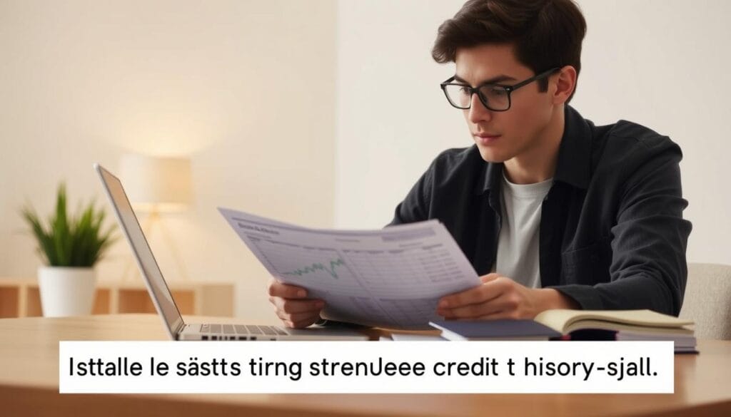 A young adult diligently reviewing financial statements, carefully tracking their income and expenses on a laptop, against the backdrop of a modern, well-lit office space. Warm, diffused lighting casts a sense of focus and determination. The scene conveys the importance of establishing a strong credit history from an early age, with a clean, minimalist aesthetic that emphasizes the value of financial responsibility and planning for the future.