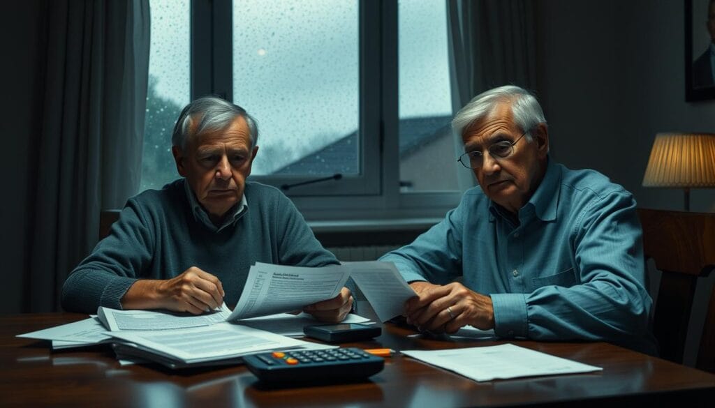 An elderly couple sitting at a table, worried expressions on their faces, surrounded by documents, bills, and a calculator. The scene is dimly lit, with a sense of financial unease and uncertainty. In the background, a window shows a gloomy, rainy day, symbolic of the challenges they face. The lighting is soft and moody, casting shadows and highlighting the sense of financial strain. The composition emphasizes the couple's isolation and the weight of their financial burdens.
