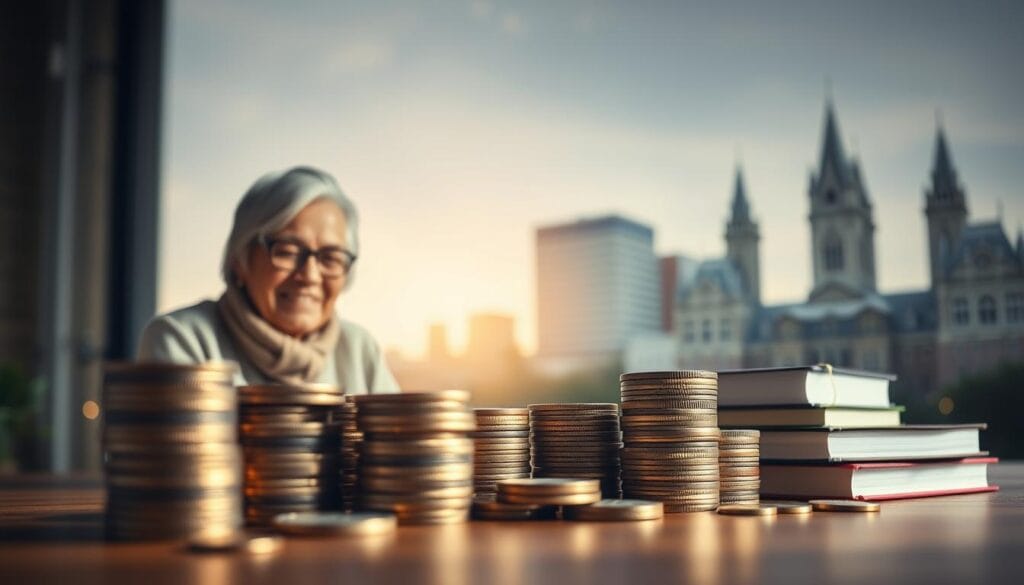 An elegant composition of a college savings plan concept. In the foreground, a grandparent and grandchild sit together, their faces warm and filled with affection, symbolizing the intergenerational bond. The middle ground features stacks of coins, representing the financial investment, surrounded by books and academic symbols, conveying the purpose of the savings. In the background, a softly blurred cityscape with towering university buildings evokes the future educational aspirations. The lighting is soft and diffused, creating a sense of tranquility and thoughtfulness. The angle is slightly angled, adding depth and visual interest. The overall mood is one of care, foresight, and the promise of a brighter tomorrow for the younger generation. An elegant composition of a college savings plan concept. In the foreground, a grandparent and grandchild sit together, their faces warm and filled with affection, symbolizing the intergenerational bond. The middle ground features stacks of coins, representing the financial investment, surrounded by books and academic symbols, conveying the purpose of the savings. In the background, a softly blurred cityscape with towering university buildings evokes the future educational aspirations. The lighting is soft and diffused, creating a sense of tranquility and thoughtfulness. The angle is slightly angled, adding depth and visual interest. The overall mood is one of care, foresight, and the promise of a brighter tomorrow for the younger generation.