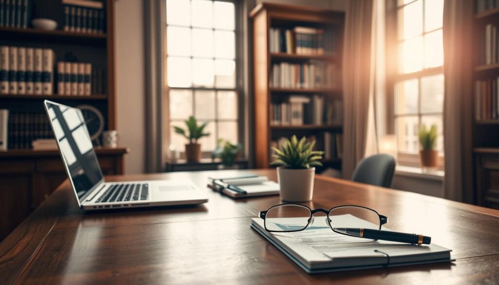 An elegant home office with a wooden desk, a laptop, and a potted plant on it. In the background, shelves filled with financial books and documents. Warm, natural lighting streams through large windows, casting a cozy glow. On the desk, a pair of reading glasses, a pen, and a notebook are neatly arranged, suggesting a session of thoughtful tax planning. The room exudes a sense of professionalism and expertise, reflecting the role of a fiduciary in guiding individuals through complex financial and estate matters.