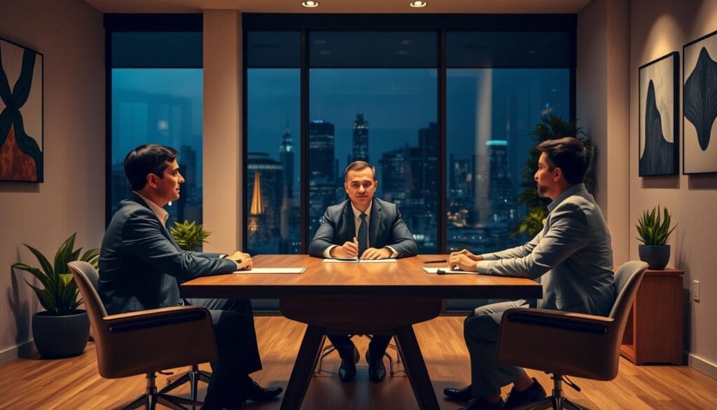 An office interior with three professional financial advisors meeting with a client. The advisors are seated around a modern wooden table, dressed in tailored business attire, engaged in a serious discussion. Warm, indirect lighting illuminates their faces, conveying an atmosphere of trust and expertise. The room features minimalist decor - neutral walls, potted plants, and abstract artwork, allowing the advisors to be the focal point. Through a large window, the city skyline is visible in the background, hinting at the advisors' urban, corporate setting. The composition is balanced, with the advisors arranged in a triangular formation to draw the viewer's eye. Overall, the image radiates a sense of competence, diligence, and fiduciary responsibility.