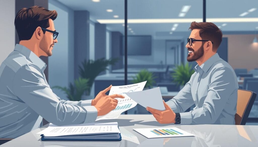 Create an image of a financial advisor discussing investment strategies with a client.