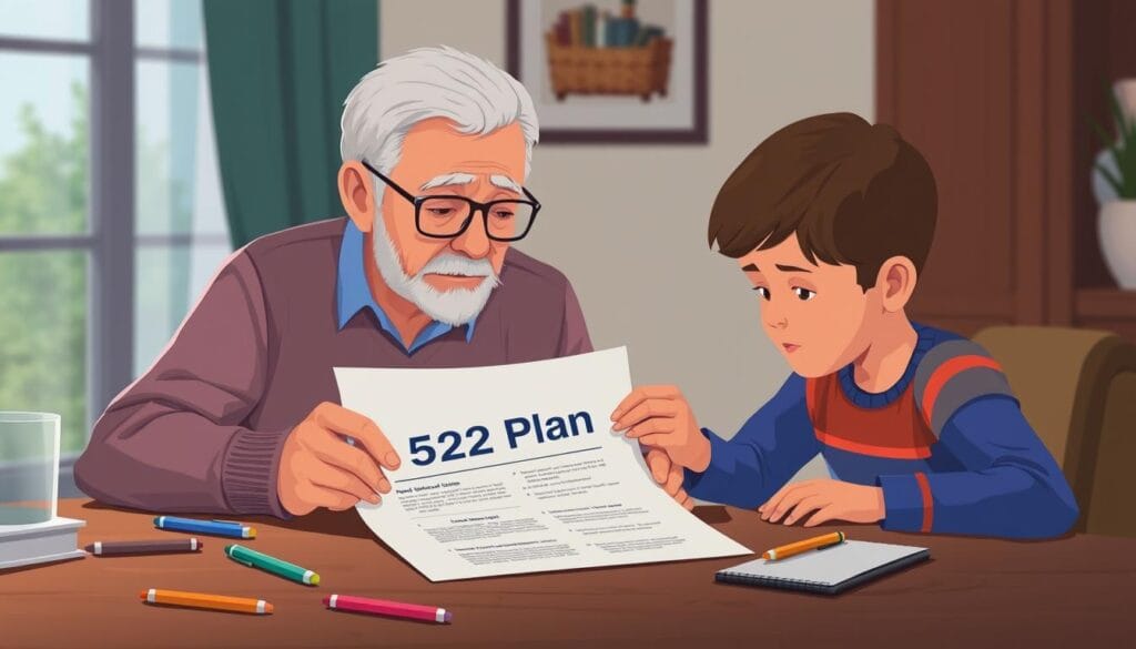 Create an image of a grandparent and grandchild reviewing a 529 plan document together. Create an image of a grandparent and grandchild reviewing a 529 plan document together.