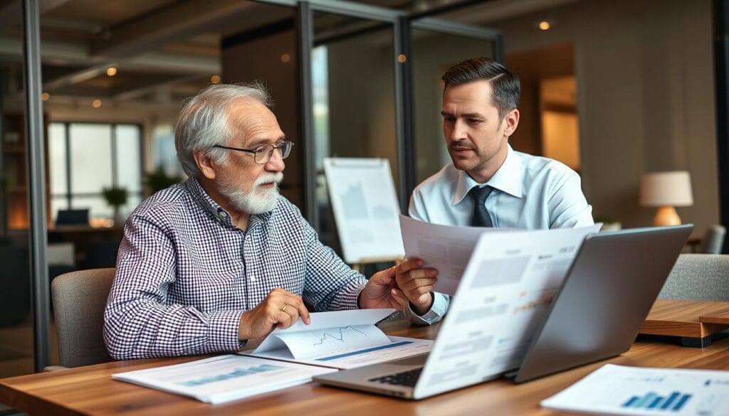 Create an image of a retiree reviewing a financial plan with a financial advisor.