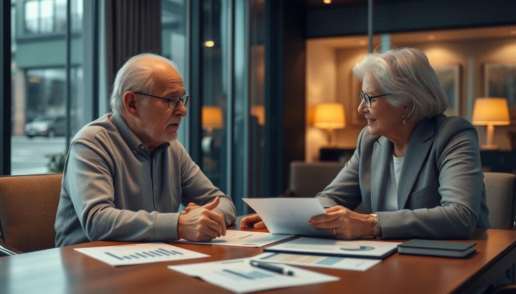 Create an image of a senior discussing estate planning with a financial advisor