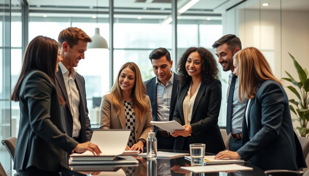 Create an image of different financial advisors in a professional setting.