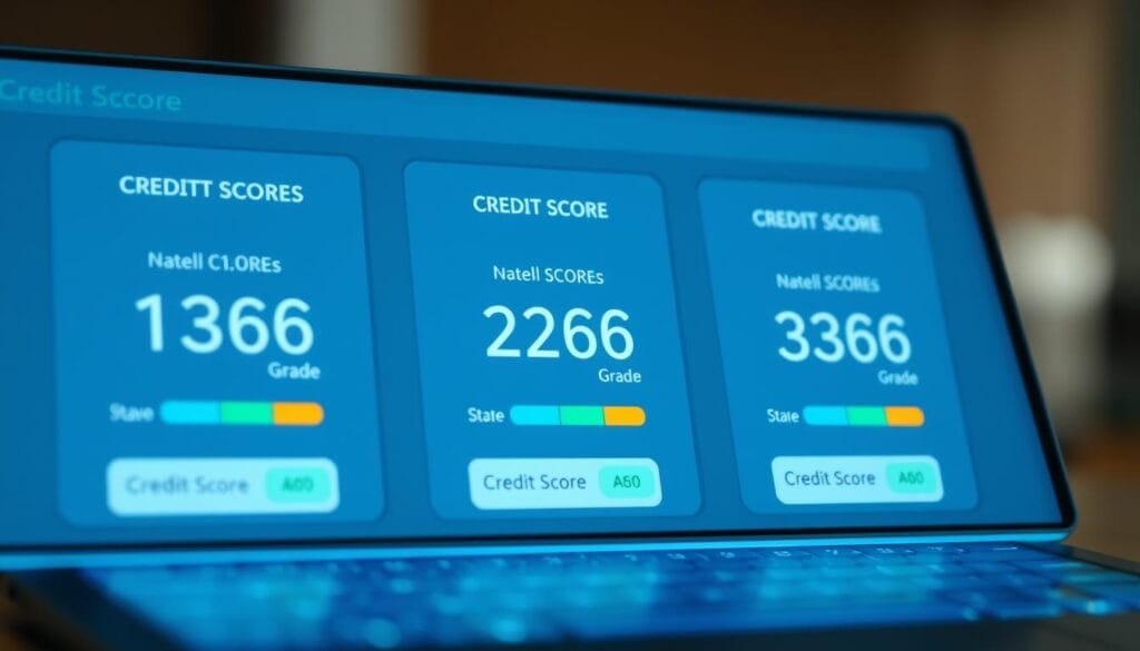 Detailed credit score display on a sleek, modern interface. Three distinct credit reports side-by-side, each with a numerical score and a corresponding letter grade. The interface has a clean, minimalist design with a grey and blue color scheme. Soft, diffused lighting illuminates the scores, creating depth and emphasizing the importance of the information. The background is blurred, keeping the focus on the credit data. Camera angle is slightly elevated, giving a sense of authority and professionalism to the scene. The overall mood is one of precision, clarity, and financial responsibility. Detailed credit score display on a sleek, modern interface. Three distinct credit reports side-by-side, each with a numerical score and a corresponding letter grade. The interface has a clean, minimalist design with a grey and blue color scheme. Soft, diffused lighting illuminates the scores, creating depth and emphasizing the importance of the information. The background is blurred, keeping the focus on the credit data. Camera angle is slightly elevated, giving a sense of authority and professionalism to the scene. The overall mood is one of precision, clarity, and financial responsibility.